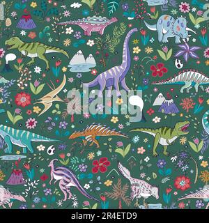 Dinosaures avec fleurs ornement vecteur sans couture motif. Illustration de Vecteur