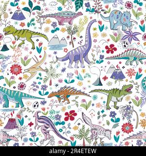 Dinosaures avec fleurs ornement vecteur sans couture motif. Illustration de Vecteur