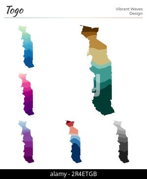 Ensemble de cartes vectorielles du Togo. Motif vagues éclatantes. Carte lumineuse du pays dans le style des courbes lisses géométriques. Carte Togo multicolore pour votre conception. Illustration de Vecteur