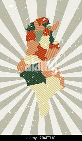 Carte d'époque de la Tunisie. Affiche grunge avec carte du pays dans la palette de couleurs rétro. Forme de Tunisie avec rayons de soleil arrière-plan. Illustration vectorielle Illustration de Vecteur