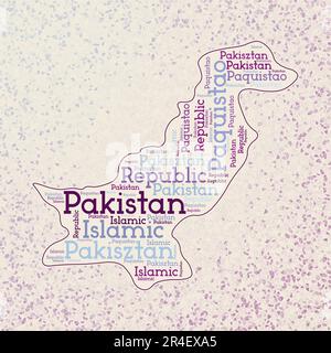 Le Pakistan a une forme où les noms de pays sont des mots nuage dans plusieurs langues. Carte frontière du Pakistan sur des triangles de classe dispersés autour. Illustrateur vectoriel élégant Illustration de Vecteur