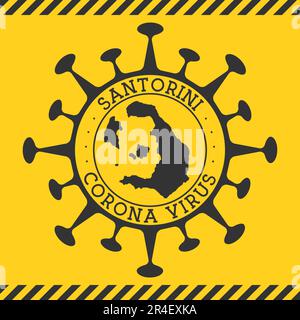 Virus Corona à Santorini signe. Badge rond avec forme de virus et carte de Santorini. Timbre de verrouillage de l'épidemy de l'île jaune. Illustration vectorielle. Illustration de Vecteur