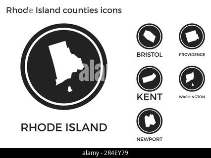 Icônes des comtés de Rhode Island. Logos ronds noirs avec cartes et titres des États-Unis. Illustration vectorielle. Illustration de Vecteur
