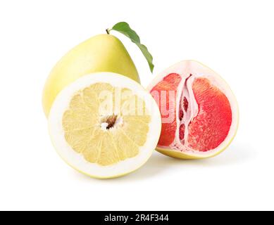 Différentes sortes de savoureux fruits de pomelo isolés sur blanc Banque D'Images