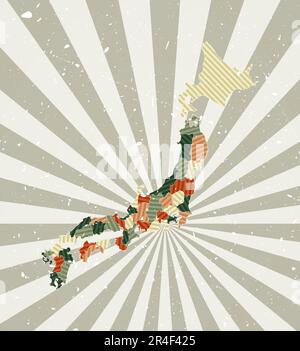 Carte d'époque du Japon. Affiche grunge avec carte du pays dans la palette de couleurs rétro. Forme du Japon avec arrière-plan rayons de soleil. Illustration vectorielle. Illustration de Vecteur