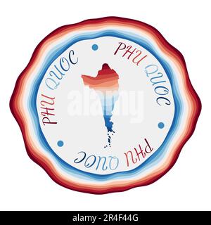 Badge Phu Quoc. Carte de l'île avec de belles vagues géométriques et un cadre rouge bleu vif. Logo Phu Quoc rond vif. Illustration vectorielle. Illustration de Vecteur