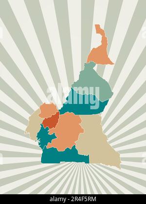 Carte du Cameroun. Affiche avec carte du pays dans une palette de couleurs rétro. Forme du Cameroun avec arrière-plan rayons de soleil. Illustration vectorielle. Illustration de Vecteur