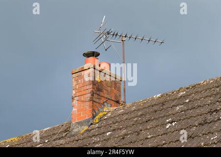 Antenne de télévision sur une cheminée en briques au-dessus du toit en tuiles pour recevoir les signaux de télévision en l'air Banque D'Images