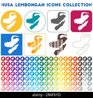 Collection d'icônes Nusa Lembongan. Icônes de carte tendance colorées et lumineuses. Badge Nusa Lembongan moderne avec carte de l'île. Illustration vectorielle. Illustration de Vecteur