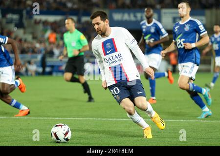 Strasbourg, France. 27th mai 2023. Lionel Messi du PSG lors du championnat français Ligue 1 Uber mange un match de football entre RC Strasbourg Alsace (RCSA) et Paris Saint-Germain (PSG) sur 27 mai 2023 au Stade de la Meinau à Strasbourg, France - photo Jean Catuffe/DPPI crédit: DPPI Media/Alay Live News Banque D'Images