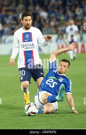 Strasbourg, France. 27th mai 2023. Lionel Messi du PSG lors du championnat français Ligue 1 Uber mange un match de football entre RC Strasbourg Alsace (RCSA) et Paris Saint-Germain (PSG) sur 27 mai 2023 au Stade de la Meinau à Strasbourg, France - photo Jean Catuffe/DPPI crédit: DPPI Media/Alay Live News Banque D'Images