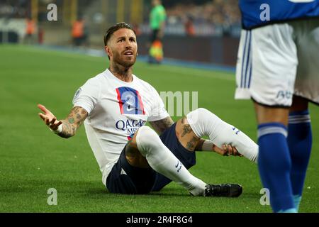 Strasbourg, France. 27th mai 2023. Sergio Ramos du PSG lors du championnat français Ligue 1 Uber mange un match de football entre RC Strasbourg Alsace (RCSA) et Paris Saint-Germain (PSG) sur 27 mai 2023 au Stade de la Meinau à Strasbourg, France - photo Jean Catuffe/DPPI crédit: DPPI Media/Alay Live News Banque D'Images