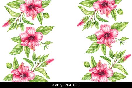 Fond aquarelle avec fleurs d'hibiscus rouges sur fond blanc. Illustration isolée pour l'invitation à la création, la carte, la circulaire, les produits de vacances Banque D'Images