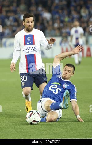 Lionel Messi du PSG lors du championnat français Ligue 1 Uber mange un match de football entre RC Strasbourg Alsace (RCSA) et Paris Saint-Germain (PSG) sur 27 mai 2023 au Stade de la Meinau à Strasbourg, France - photo: Jean Catuffe/DPPI/LiveMedia Banque D'Images