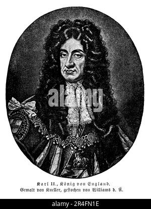 Charles II d'Angleterre fut le roi d'Angleterre, d'Écosse et d'Irlande de 1660 jusqu'à sa mort en 1685. Il était le fils de Charles Ier et de Henrietta Maria, et son règne a suivi une période de règne du Commonwealth sous Oliver Cromwell. Charles II est connu pour sa restauration de la monarchie, qui a été marquée par une période de stabilité et de croissance en Angleterre. Il était également connu pour sa vie personnelle, y compris ses Mistresses et sa conversion au catholicisme sur son lit de mort. Son règne a vu la Grande peste de Londres et le Grand incendie de Londres, ainsi que des conflits avec les Hollandais et les Français. Charles II est Banque D'Images