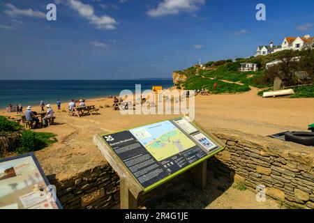 Un panneau d'information sur la plage à Burton Bradstock sur la côte Jurassic Heritage, Dorset, Angleterre, Royaume-Uni Banque D'Images