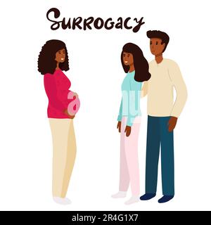 Couple avec femme enceinte porteuse. Illustration vectorielle style de dessin animé plat avec lettrage dessiné à la main. Parents adoptifs. Recours aux mères porteuses. afro-américain Illustration de Vecteur