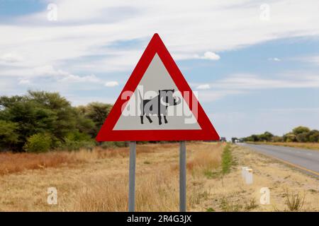 Panneau de signalisation indiquant que des warthogs sont présents en Namibie Banque D'Images