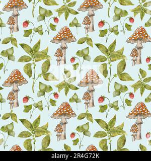 Motif champignon aquarelle sans couture. Motif de fraises sauvages et de champignons de tabouret. Conception forestière d'été Banque D'Images