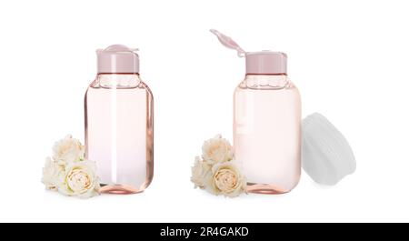 Collage avec bouteille d'eau de nettoyage micellaire sur fond blanc Banque D'Images
