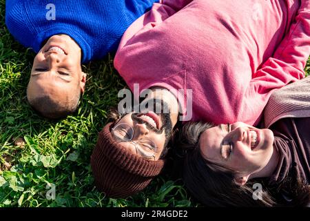 trois amis appréciant le soleil couché dans l'herbe Banque D'Images