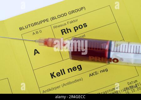 Carte de groupe sanguin, passeport de groupe sanguin, groupe sanguin, prélèvement sanguin, échantillon sanguin, Test sanguin, sang, A, rhésus positif, facteur rhésus Banque D'Images