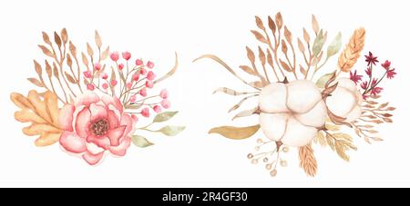 Bonjour, jeu d'illustrations automne. Set bouquets fleuris d'automne. Pivoine rose, coton et feuilles et fleurs séchées. Banque D'Images