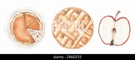 Bonjour, jeu d'illustrations automne. Ensemble de tarte aux pommes sur l'assiette et tranche de pomme. Illustrations pour carte, livres, album Banque D'Images