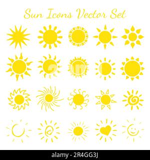 Vecteur d'icônes de soleil isolé sur fond blanc. Ensemble de rayons de soleil brillants. 20 vecteur Sun. Collection d'icônes de coucher de soleil. Illustration de Vecteur