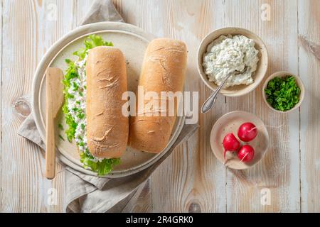 Sandwich maison et sain avec fromage et ciboulette. Préparations pour les sandwichs de petit déjeuner. Banque D'Images