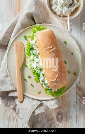 Sandwich maison et sain avec radis et fromage crémeux. Sandwich de printemps léger pour le petit déjeuner. Banque D'Images