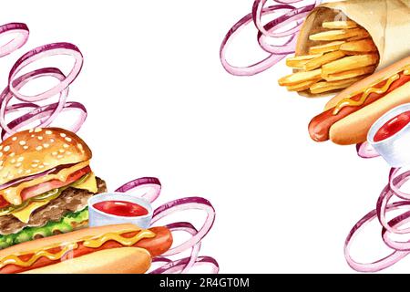 cadre aquarelle avec restauration rapide, illustration faite à la main de hamburger avec viande, des lamelles d'oignon, hot dog, salade et pommes de terre frites, sause rouge et diffèrent Banque D'Images