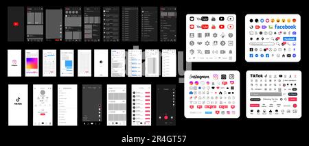 Tik Tok, Youtube, instagram et la maquette facebook. Modèle d'interface de réseaux sociaux et de réseaux sociaux sur grand écran. Page d'accueil, recommandations, abonnés Illustration de Vecteur