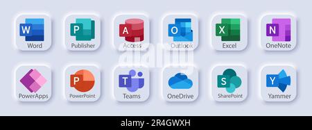 Microsoft Office 365 : Excel, PowerPoint, Publisher, Sway, Outlook, SharePoint, Access, Exchange, Word, Yammer, OneDrive, Equipes, Skype, OneNote, Yammer Illustration de Vecteur