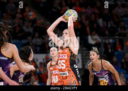 28th mai 2023 ; Ken Rosewall Arena, Sydney, Nouvelle-Galles du Sud, Australie : Suncorp Super Netball, Giants versus Queensland Firebirds ; JO Harten of the Giants se prépare à tirer Banque D'Images