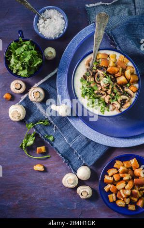 Un bol de soupe crémeuse aux champignons placé avec des croûtons rôtis et du persil frais sur fond de bois foncé. Banque D'Images