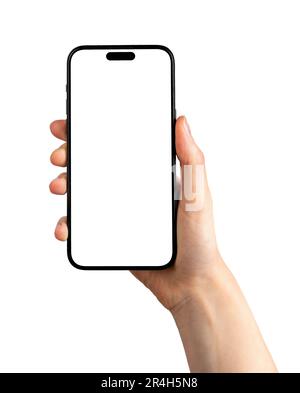 Lodz, Pologne 14 mai 2023 main tenant l'écran de téléphone mobile maquette, iphone 14 pro écran maquette isolée sur blanc. Banque D'Images