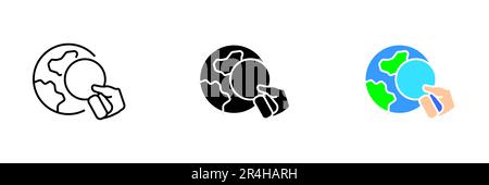 Illustration vectorielle du globe terrestre agrandie sous une loupe, avec un accent sur une région particulière. Ensemble vectoriel d'icônes en ligne, noir Illustration de Vecteur