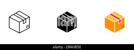 Une boîte en carton scellée avec du ruban d'emballage. Cette boîte est durable et peut être utilisée pour l'expédition ou le stockage. Ensemble vectoriel d'icônes en ligne, noir et coloré Illustration de Vecteur
