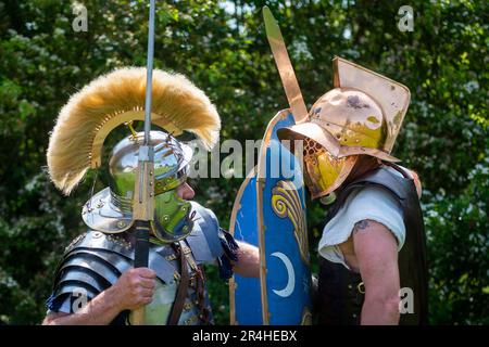 Chalfont, Royaume-Uni. 28 mai 2023. Les gladiateurs participent aux Jeux de gladiateurs au Chiltern Open Air Museum. Mis à vie par Britannia, l'un des plus grands (et plus anciens) groupes romains de reconstitution de l'U.K, les ré-acteurs montrent la vie en Grande-Bretagne romaine dans le 1st siècle après J.-C. Chiltern Open Air Museum raconte l'histoire de la région de Chilterns par la préservation de bâtiments historiques, de paysages et de culture. Credit: Stephen Chung / Alamy Live News Banque D'Images