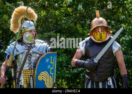 Chalfont, Royaume-Uni. 28 mai 2023. Les gladiateurs participent aux Jeux de gladiateurs au Chiltern Open Air Museum. Mis à vie par Britannia, l'un des plus grands (et plus anciens) groupes romains de reconstitution de l'U.K, les ré-acteurs montrent la vie en Grande-Bretagne romaine dans le 1st siècle après J.-C. Chiltern Open Air Museum raconte l'histoire de la région de Chilterns par la préservation de bâtiments historiques, de paysages et de culture. Credit: Stephen Chung / Alamy Live News Banque D'Images