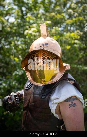 Chalfont, Royaume-Uni. 28 mai 2023. Un gladiateur avec le tatouage SPQR participe aux Jeux Gladiator au Chiltern Open Air Museum. Mis à vie par Britannia, l'un des plus grands (et plus anciens) groupes romains de reconstitution de l'U.K, les ré-acteurs montrent la vie en Grande-Bretagne romaine dans le 1st siècle après J.-C. Chiltern Open Air Museum raconte l'histoire de la région de Chilterns par la préservation de bâtiments historiques, de paysages et de culture. Credit: Stephen Chung / Alamy Live News Banque D'Images