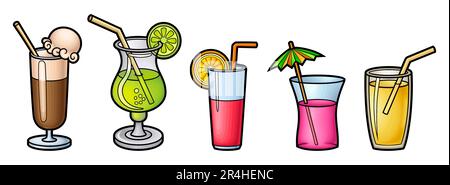 Ensemble de boissons à base de dessins animés. Été plage boissons vecteur drôle illustration. Isolé sur fond blanc Illustration de Vecteur