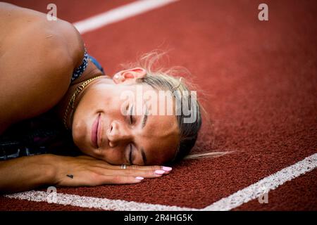 Gotzis, Autriche. 28th mai 2023. LE US Anna Hall célèbre après avoir remporté l'épreuve d'heptathlon féminin le deuxième jour de la Hypo-Meeting, IAAF World Combined Events Challenge, dans le stade Mosle de Gotzis, Autriche, dimanche 28 mai 2023. BELGA PHOTO JASPER JACOBS crédit: Belga News Agency/Alay Live News Banque D'Images