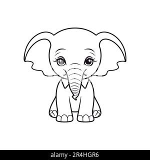 Joli petit éléphant contour vecteur d'esquisse. Illustration linéaire dessinée à la main. Silhouette monochrome pour livre de coloriage. Illustration de Vecteur