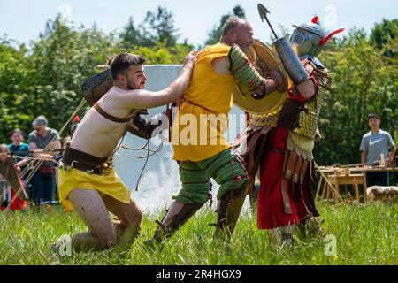 Chalfont, Royaume-Uni. 28 mai 2023. Les gladiateurs participent aux Jeux de gladiateurs au Chiltern Open Air Museum. Mis à vie par Britannia, l'un des plus grands (et plus anciens) groupes romains de reconstitution de l'U.K, les ré-acteurs montrent la vie en Grande-Bretagne romaine dans le 1st siècle après J.-C. Chiltern Open Air Museum raconte l'histoire de la région de Chilterns par la préservation de bâtiments historiques, de paysages et de culture. Credit: Stephen Chung / Alamy Live News Banque D'Images