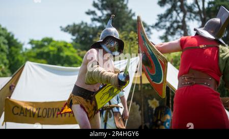 Chalfont, Royaume-Uni. 28 mai 2023. Les gladiateurs participent aux Jeux de gladiateurs au Chiltern Open Air Museum. Mis à vie par Britannia, l'un des plus grands (et plus anciens) groupes romains de reconstitution de l'U.K, les ré-acteurs montrent la vie en Grande-Bretagne romaine dans le 1st siècle après J.-C. Chiltern Open Air Museum raconte l'histoire de la région de Chilterns par la préservation de bâtiments historiques, de paysages et de culture. Credit: Stephen Chung / Alamy Live News Banque D'Images
