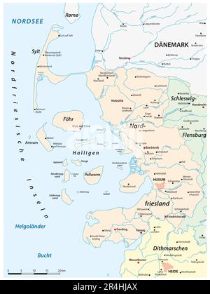 Carte vectorielle du district du Nordfriesland, Schleswig-Holstein, Allemagne Banque D'Images