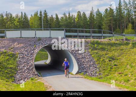 Vue d'une femme en vélo se déplaçant le long d'une route de vélo asphaltée dans le passage du tunnel au-dessus de l'autoroute. Suède. Banque D'Images