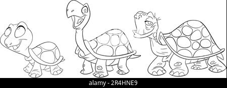 Ensemble vectoriel de tortues de style dessin animé . Illustration de caractère animal pour les enfants. Dessins de ligne dessinés à la main de Funny Turtles. Grande collection de tortues Illustration de Vecteur